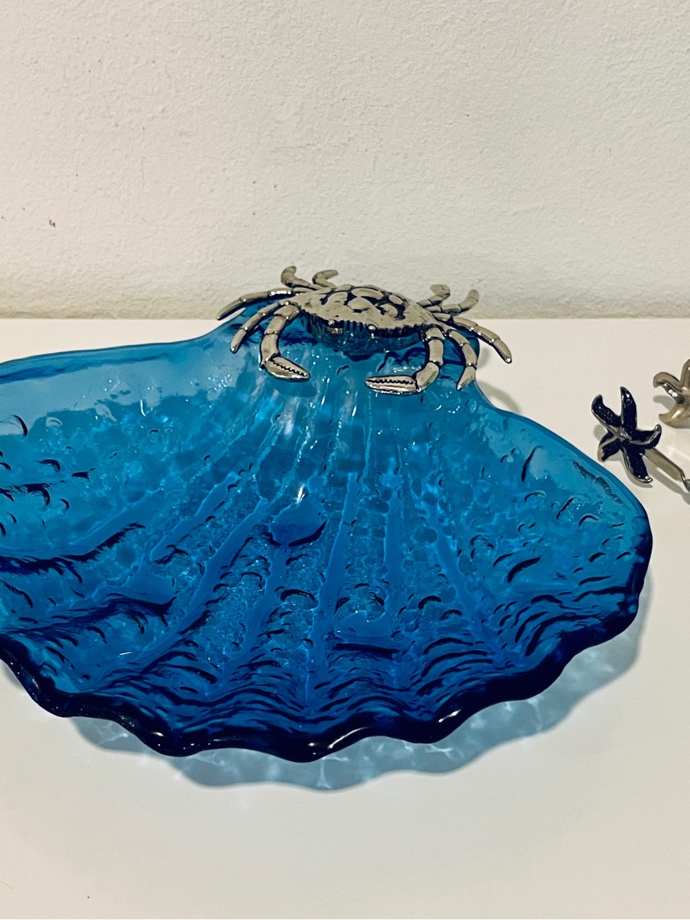 Vintage Nautical Crab Blue Glass Shell Serving Tray with Starfish Tongs